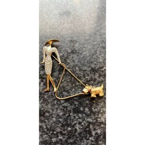 Vintage CAROLEE Signed Woman Walking Scottie Dog Brooch Pin Diamanté Crystals